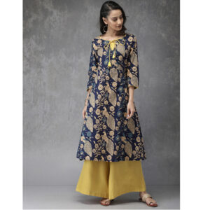 Anouk Women Navy Blue & Mustard Printed Kurta with Palazzos