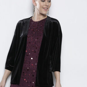 DOROTHY PERKINS Black Solid Velvet Finish Open Front Shrug