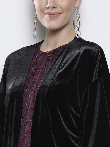 DOROTHY PERKINS Black Solid Velvet Finish Open Front Shrug