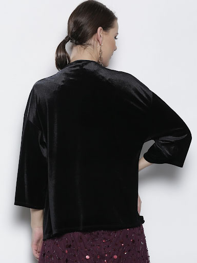 DOROTHY PERKINS Black Solid Velvet Finish Open Front Shrug