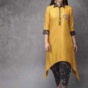 Anouk Women Solid Kurta With Embroidery Detail & Printed Dhoti Pants