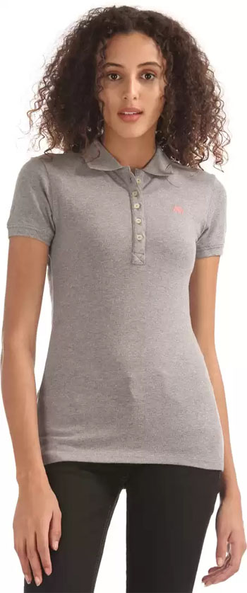 Aeropostale  Solid Women Polo Neck Grey T-Shirt