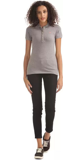 Aeropostale  Solid Women Polo Neck Grey T-Shirt