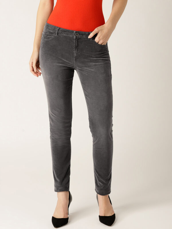 ESPRIT Women Charcoal Grey Corduroy Skinny Fit Solid Regular Trousers