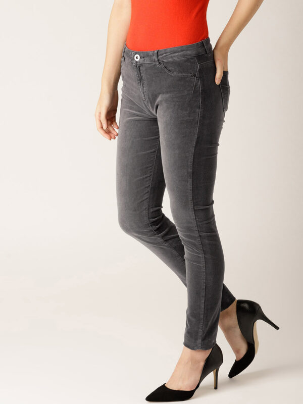 ESPRIT Women Charcoal Grey Corduroy Skinny Fit Solid Regular Trousers