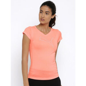 Puma Women Heather Cat Solid Slim Fit V-Neck T-shirt