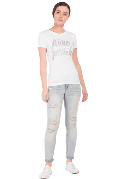 Aeropostale  Printed Women Round Neck White T-Shirt