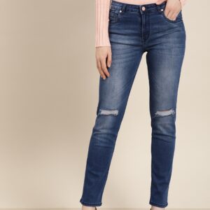 All About You  Women Blue Straight Fit Mid-Rise Slash Knee Jeans