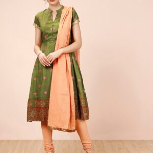 all about you Women Olive Green  Peach-Coloured Printed Kurta With Churidar  Dupatta