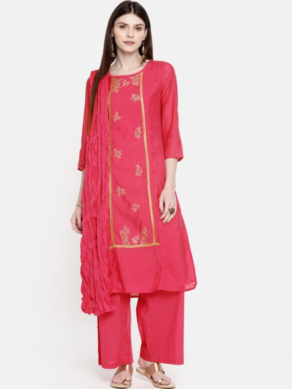 all about you Women Pink Embroidered Kurta with Palazzos  Dupatta