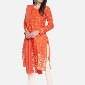 all about you Women Orange  Off-White Printed Kurta with Trousers  Dupatta