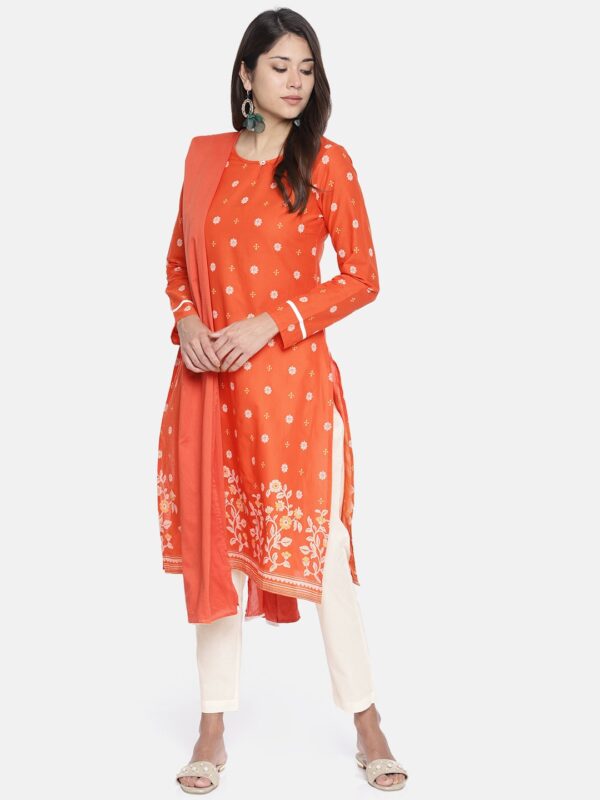 all about you Women Orange  Off-White Printed Kurta with Trousers  Dupatta