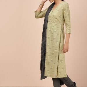 all about you Women Green  Grey Printed Kurta with Churidar  Dupatta