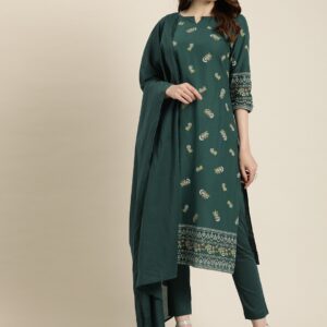 all about you Women Green Printed Kurta with Trousers Dupatta