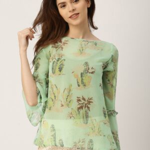 All About You Women Sea Green Printed Sheer Loose Fit Top