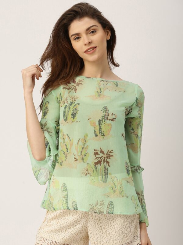 All About You Women Sea Green Printed Sheer Loose Fit Top