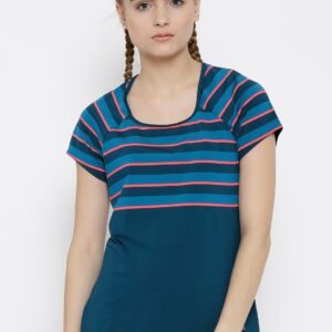 ADIDAS Women Teal Blue Premium Striped Round Neck T-shirt