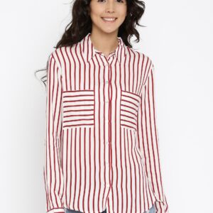 ALCOTT Women Off-White  Red Striped Casual Shirt