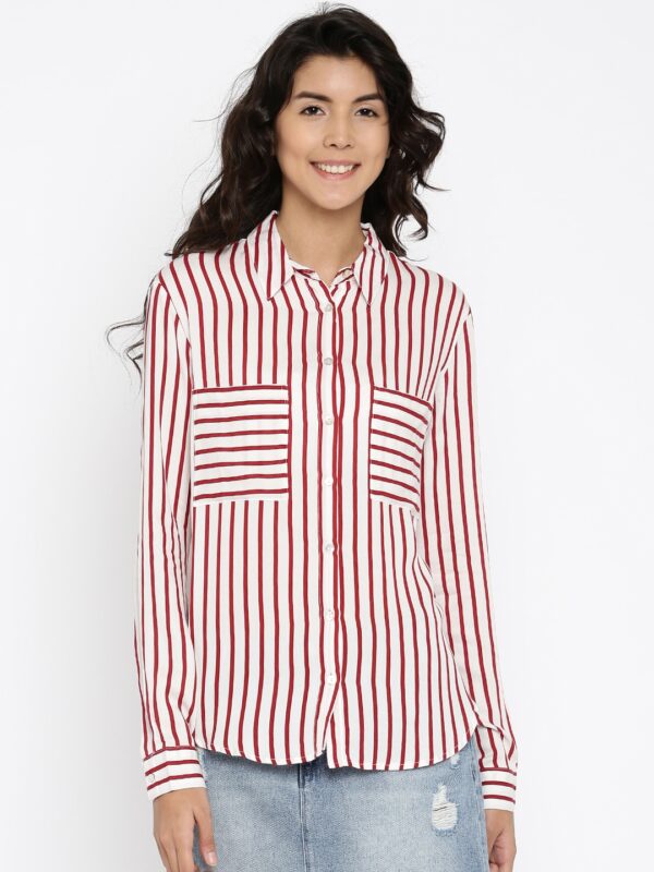 ALCOTT Women Off-White  Red Striped Casual Shirt