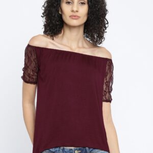 ALCOTT Women Burgundy Solid Bardot Top