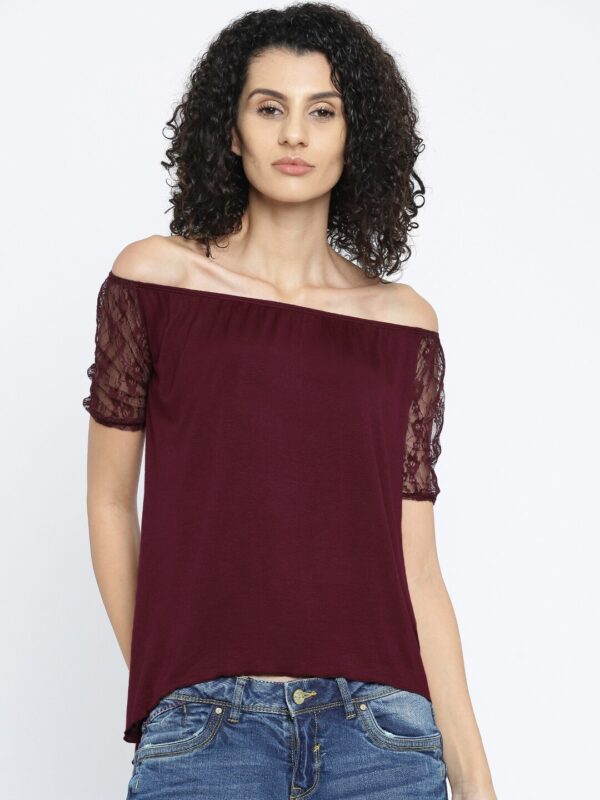 ALCOTT Women Burgundy Solid Bardot Top