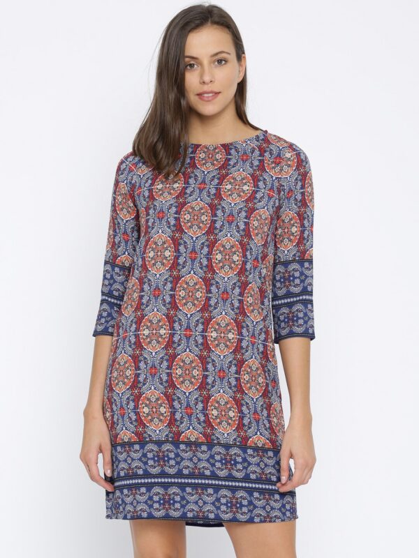 AND Women Blue  Coral Red Printed Shift Dress