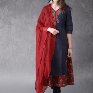 Anouk Women Navy Blue  Red Printed Kurta with Trousers  Dupatta