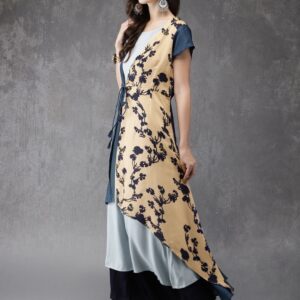 Anouk Women Blue  Beige Printed Layered Kurta with Palazzos