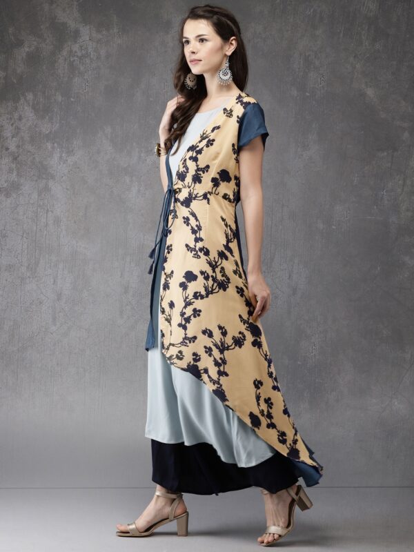 Anouk Women Blue  Beige Printed Layered Kurta with Palazzos