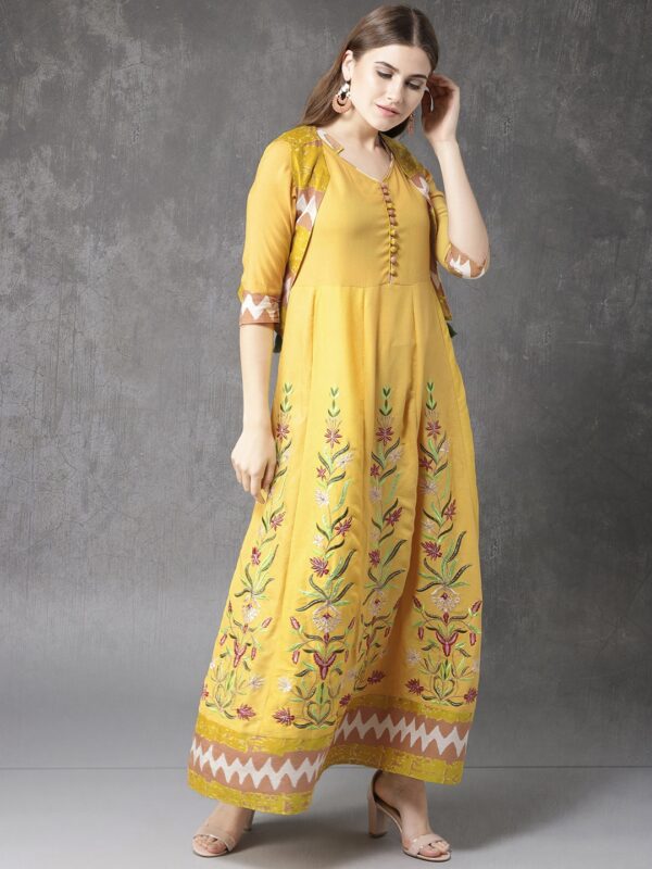 Anouk Women Mustard Yellow Embroidered  Kurta with Trousers