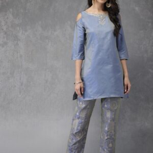 Anouk Women Lavender  Gold-Toned Embroidered Kurti with Trousers