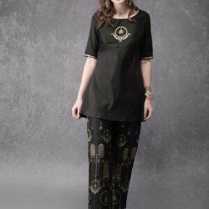 Anouk Women Black  Gold-Toned Embroidered Kurti with Trousers