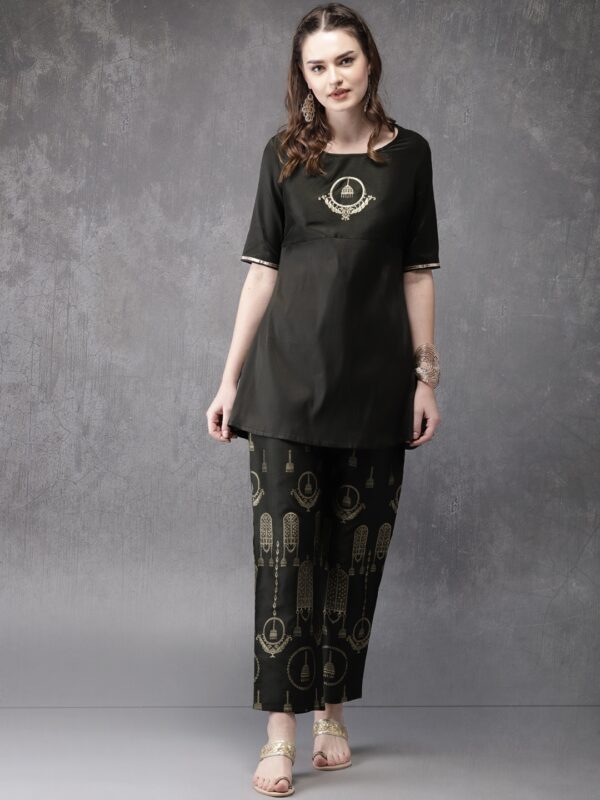 Anouk Women Black  Gold-Toned Embroidered Kurti with Trousers