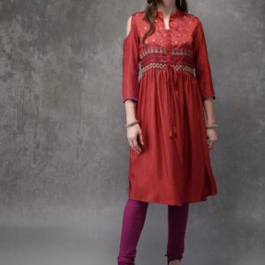 Anouk Women Maroon  Purple Embroidered Kurta with Churidar