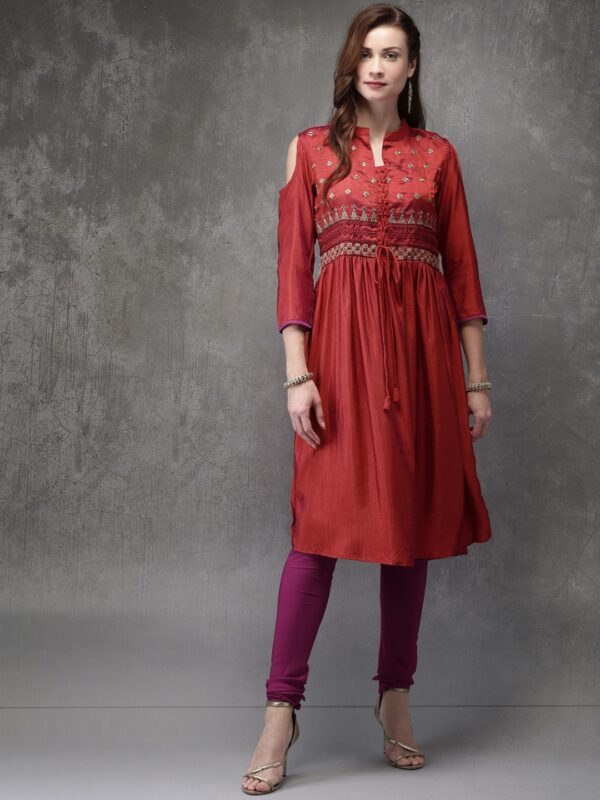 Anouk Women Maroon  Purple Embroidered Kurta with Churidar