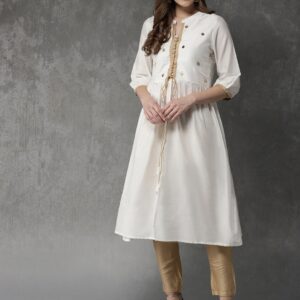 Anouk Women White  Golden Solid A-line Kurta with Trousers