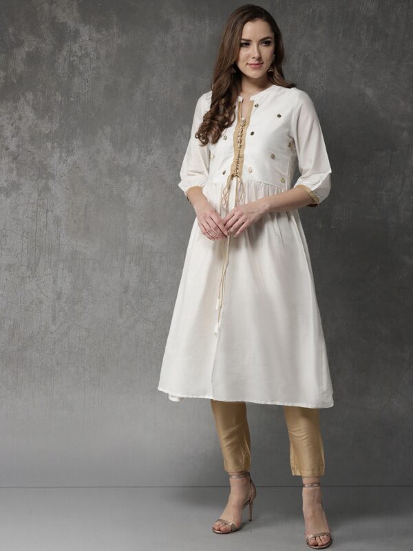 Anouk Women White  Golden Solid A-line Kurta with Trousers