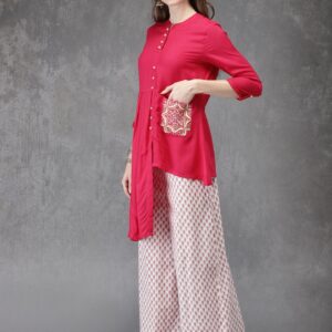 Anouk Women Pink Solid Kurta with White Printed Palazzos