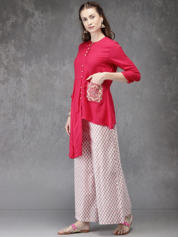 Anouk Women Pink Solid Kurta with White Printed Palazzos