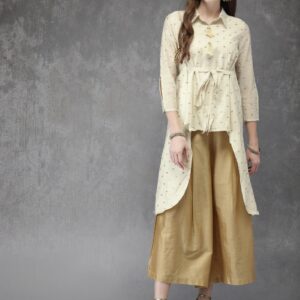 Anouk Women Off-White  Beige Self Design Kurta with Palazzos