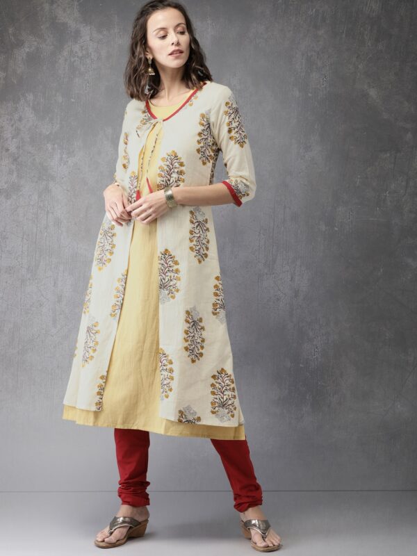 Anouk Women Cream-Coloured  Maroon Printed Layered Kurta with Churidar