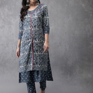 Anouk Women Navy Blue Printed Kurta with Trousers