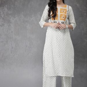 Anouk Women White  Navy Blue Printed Kurta with Palazzos