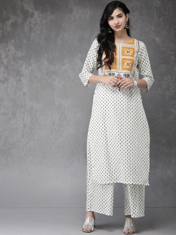 Anouk Women White  Navy Blue Printed Kurta with Palazzos