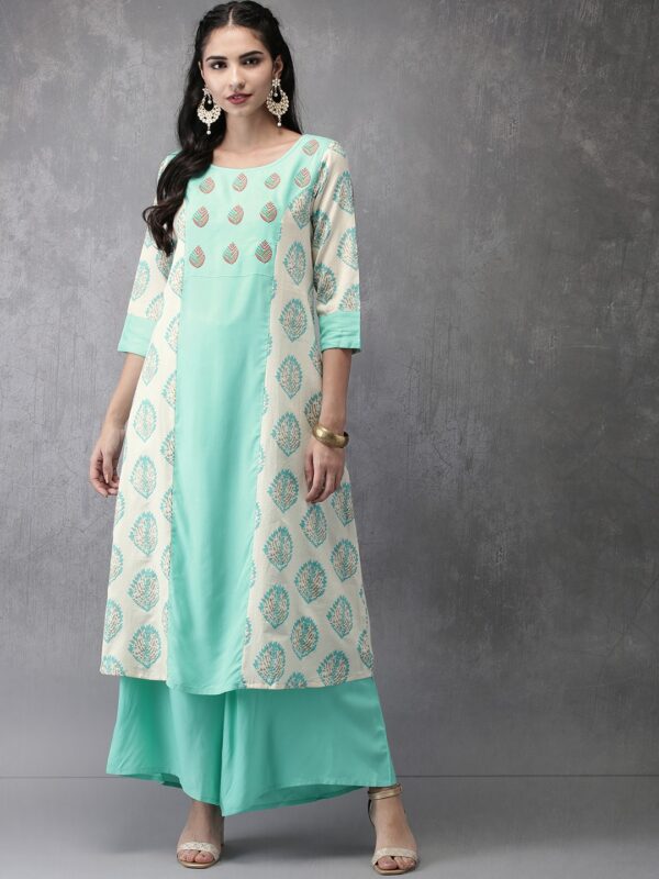 Anouk Women Turquoise Blue  Off-White Printed Kurta with Palazzos