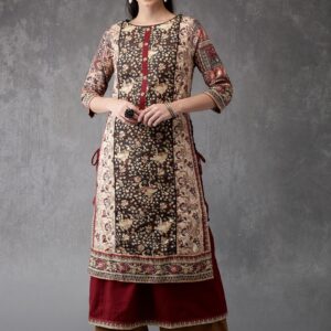 Anouk Women Beige  Olive Green Kalamkari Printed Kurta with Palazzos