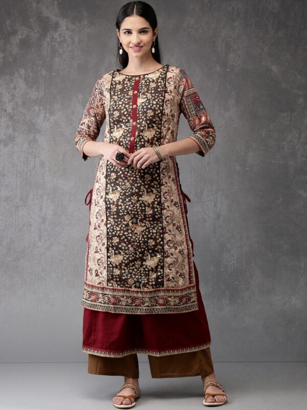 Anouk Women Beige  Olive Green Kalamkari Printed Kurta with Palazzos