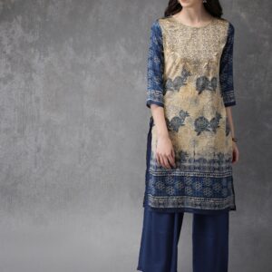 Anouk Women Beige  Navy Blue Printed Kurta with Palazzos