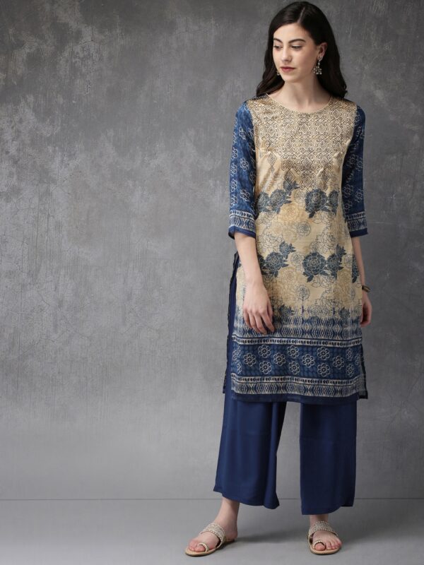 Anouk Women Beige  Navy Blue Printed Kurta with Palazzos