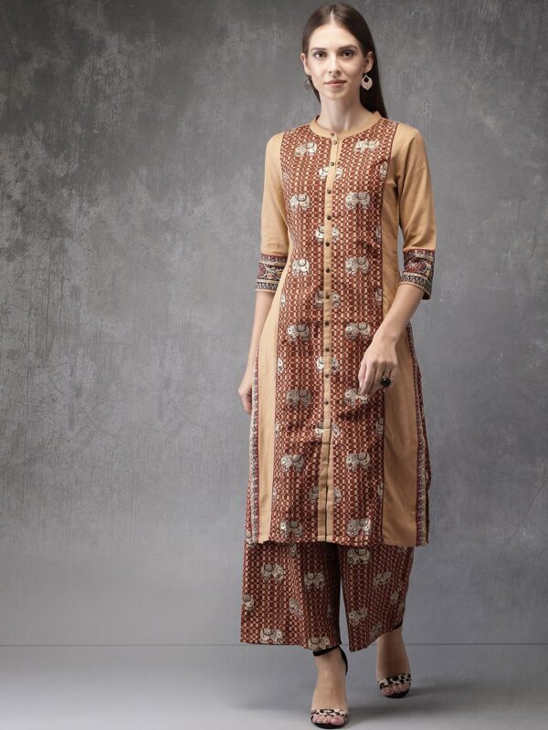 Anouk Women Rust  Beige Printed Kurta with Palazzos